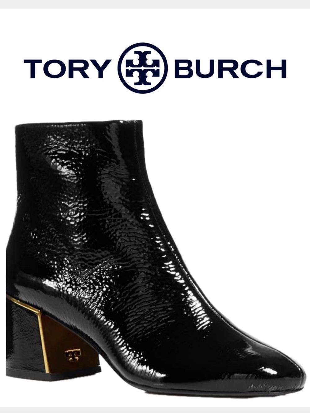 Tory Burch Black Patent Leather Block Heel Ankle Booties with Gold Accent